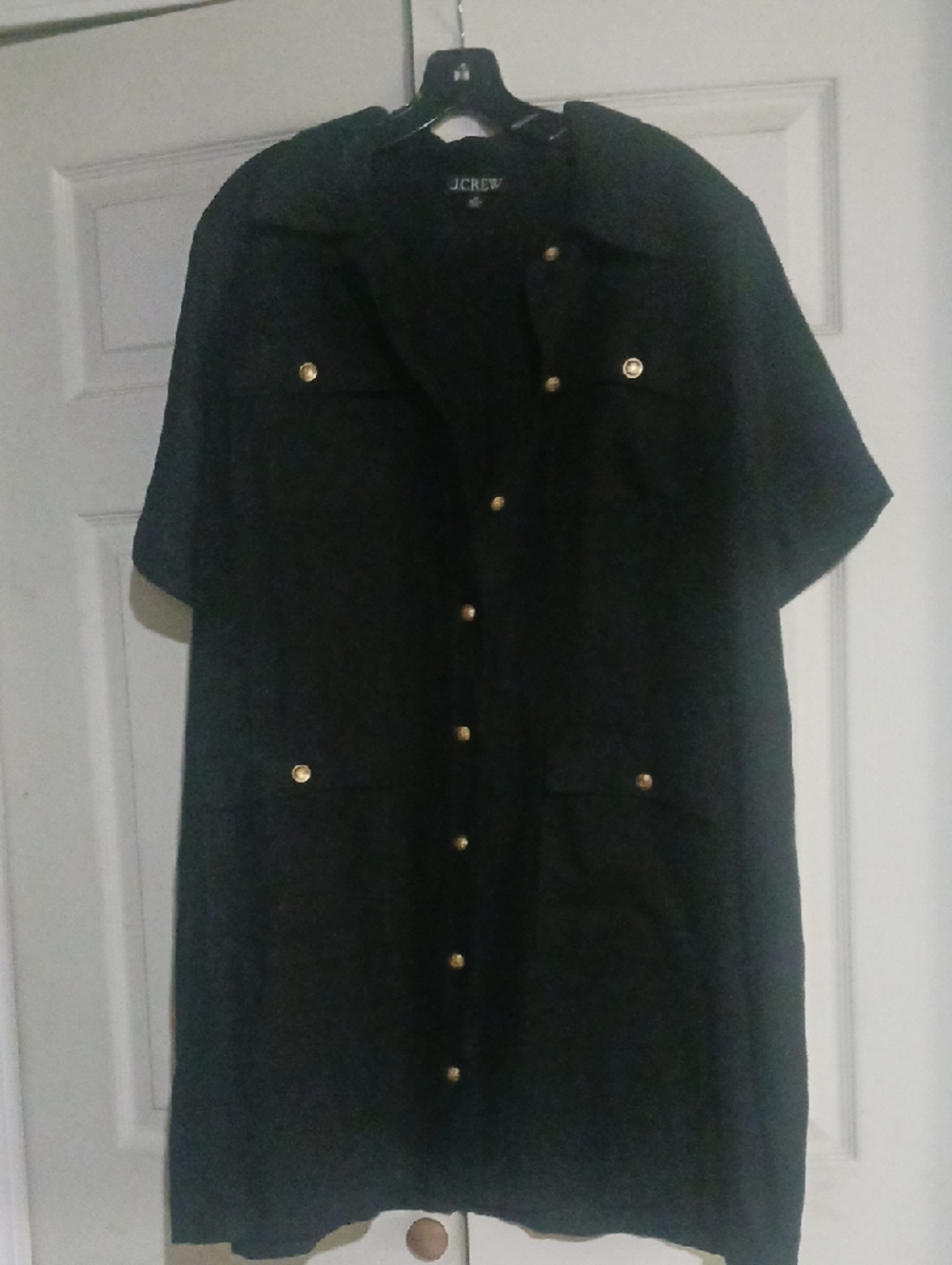 J. Crew Black Linen Short-Sleeve Button Dress with Gold Buttons